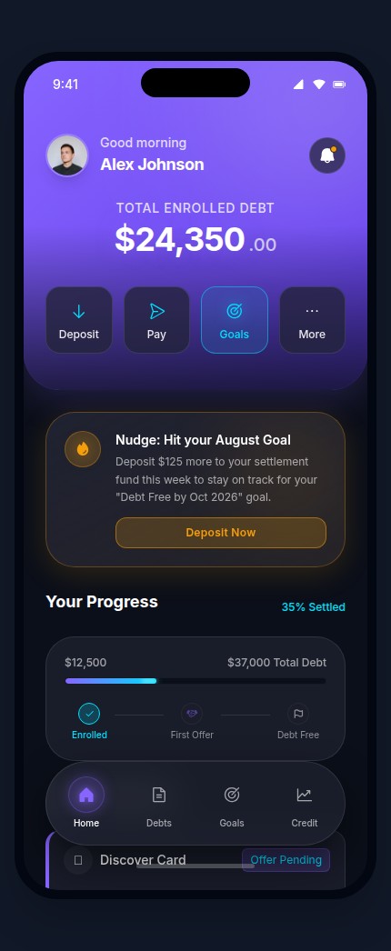 The Settle app dashboard — total enrolled debt, a nudge toward your goal, and your progress from Enrolled to Debt Free